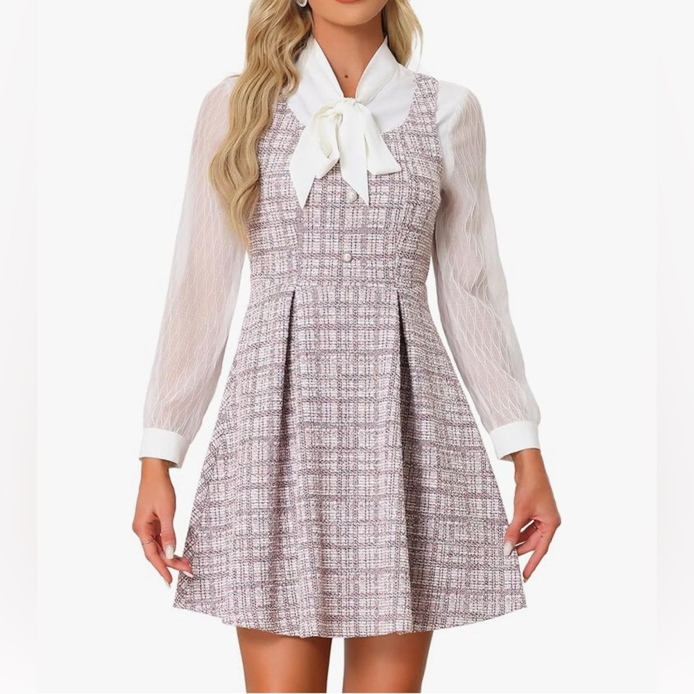 Allegra K Tweed Dress for Women's Pinafore Overall Sleeveless A-Line Plaid Tank